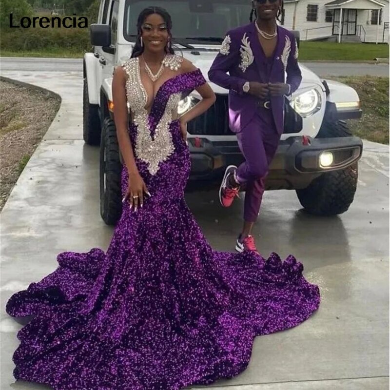 Lorencia Glitter viola paillettes una spalla sirena Prom Dress per Black Girl Diamond Crystal Party Gown Robe De Soiree YPD46