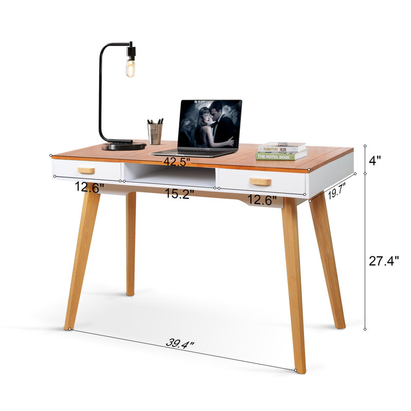 طاولة دراسة من الخشب الصلب مع أدراج للمنزل والمكتب ، مكتب كمبيوتر حديث ، أسلوب بسيط ، بناء قوي ، تصميم أنيق