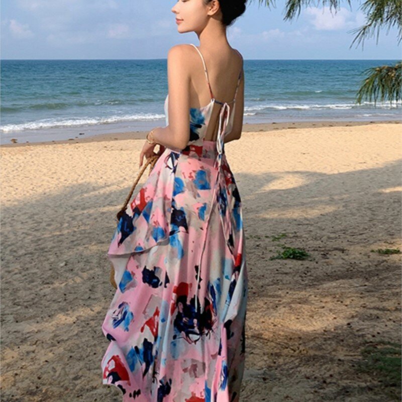 Gaun pantai bunga desain Niche pakaian Liburan pulau musim panas tali suasana pinggir pantai