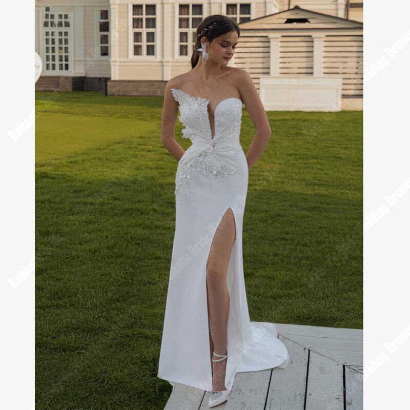 연예인 새틴 인어 신부 가운, 포멀 레이스 꽃 프린트 웨딩 드레스, 2024 걸레질 길이 파티