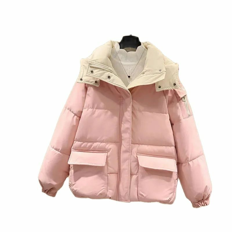 Autumn Winter Down Cotton Jacket Women New Loose Stand-Up Collar Hooded Coat Fashion Thicken Outerwear Pocket Overcoat Female