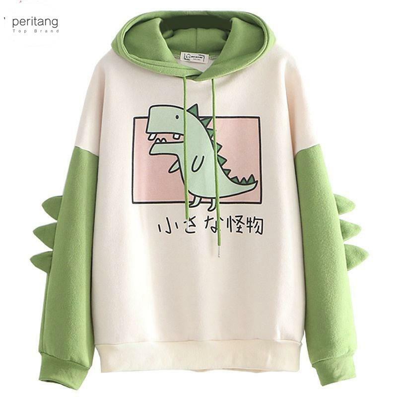 Dinosaur Oversized Cartoon Hoodie Women Fashion Sweatshirt Casual Print Korean Style Thicken Sweatshirt Winter Dino Hoodie Tops