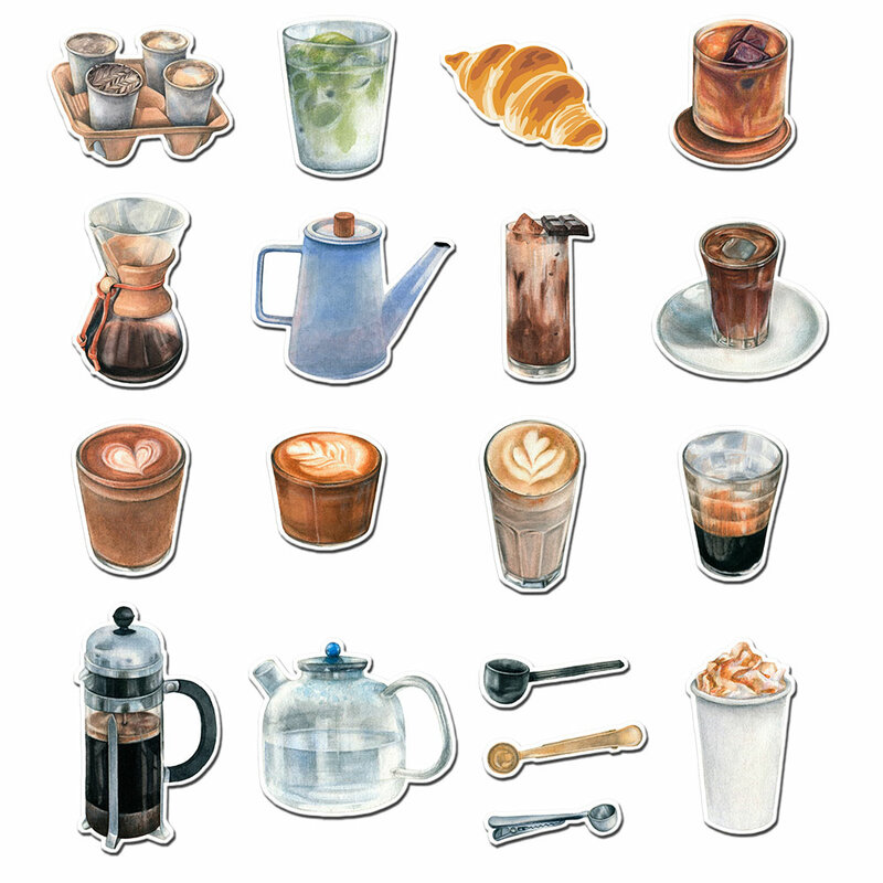 34pcs Retro Art Coffee Bar Decals for Laptops and Phone Cases, Sticker Pack for Scrapbook, Notebook and Journal