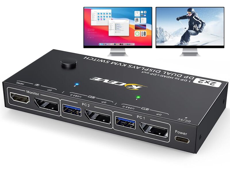 MST Displayport KVM Switch, 2 monitores, 2 ordenadores 4K @ 144Hz,(1 DP in,DP + HDMI Out),Camgeet Dual Monitor KVM Switch Displayport 1,4