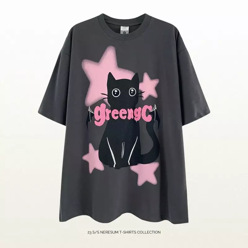 Bawełniane, w stylu Harajuku gwiazda kot damska koszulka 2023 lato luźne Top na co dzień Goth koszule Oversized dla kobiet Gothic koreański Y2k topy