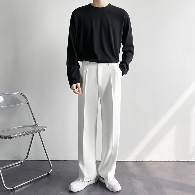 Celana pria lurus tertutup baru mode bisnis Korea longgar kasual putih hitam abu-abu celana panjang kaki lebar pria setelan Blazer celana