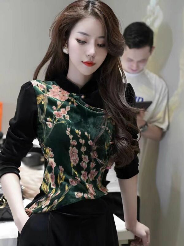 2023 spring new Retro national style disc buckle long sleeve velvet shirt female elegant blouse improved chinese style qipao top