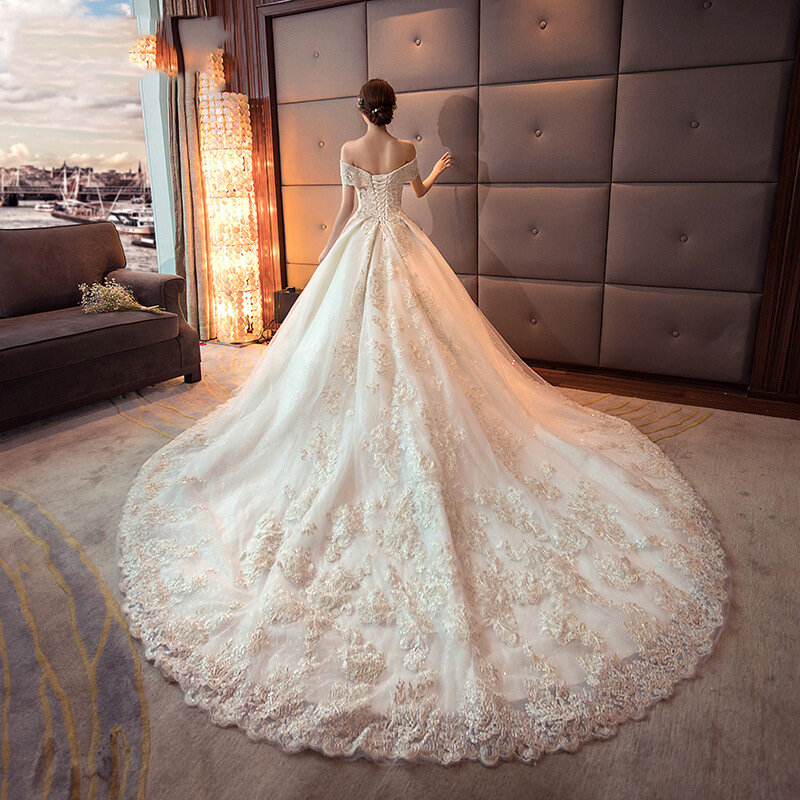 2023 abiti da sposa con scollo a V in pizzo di lusso abiti da sposa 1.5 abiti da sposa con applicazioni di cielo stellato Hepburn Casamento