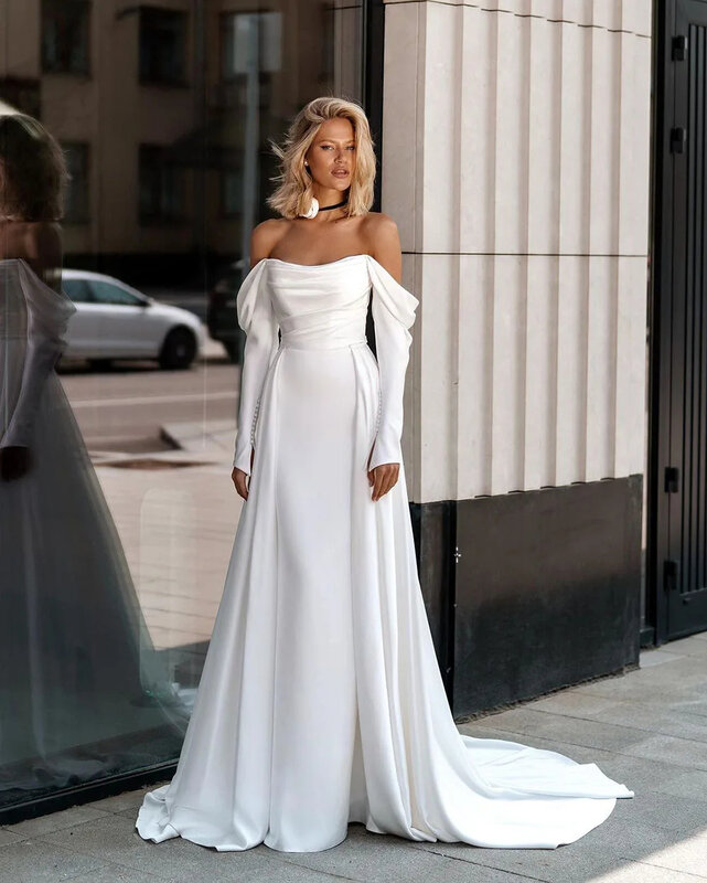 Vestidos de novia de satén con cola desmontable, hombros descubiertos, plisados, personalizados, 2024