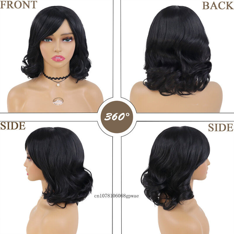 Wig rambut sintetis hitam Natural, rambut palsu keriting bergelombang panjang bahu dengan poni samping untuk wanita, pesta harian tahan panas