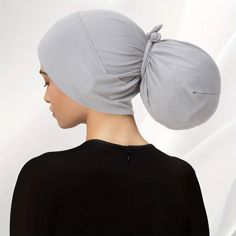 Topi Turban Hijab elastis warna polos, topi Dalaman syal kepala dapat disesuaikan Lace-up untuk wanita rambut rontok 2024