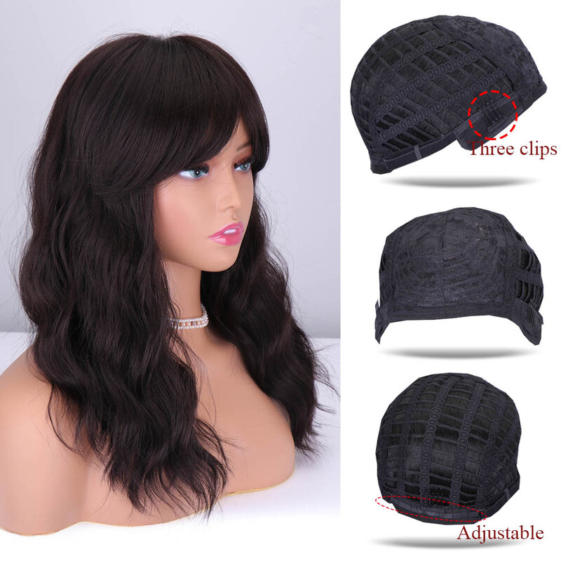 Short Synthetic Black Wigs with Bangs Natural Wavy Bob Wig for Women Brown Daily Use Heat Resistant Fibe Lolita Cosplay Hair