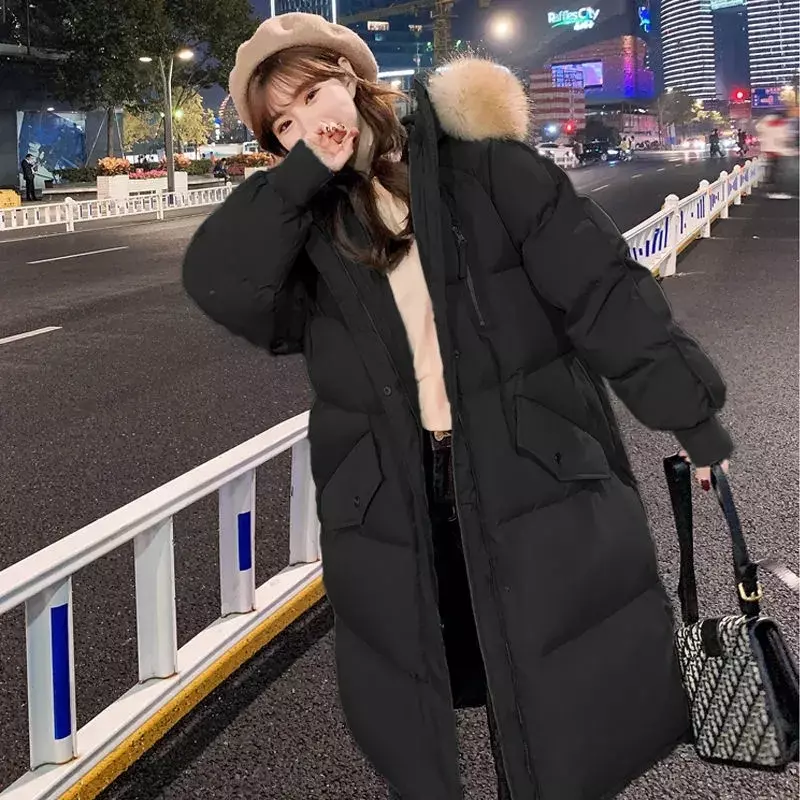 Jaket parka tebal berkerudung wanita, mantel bulu besar longgar R239 Musim Dingin 2024