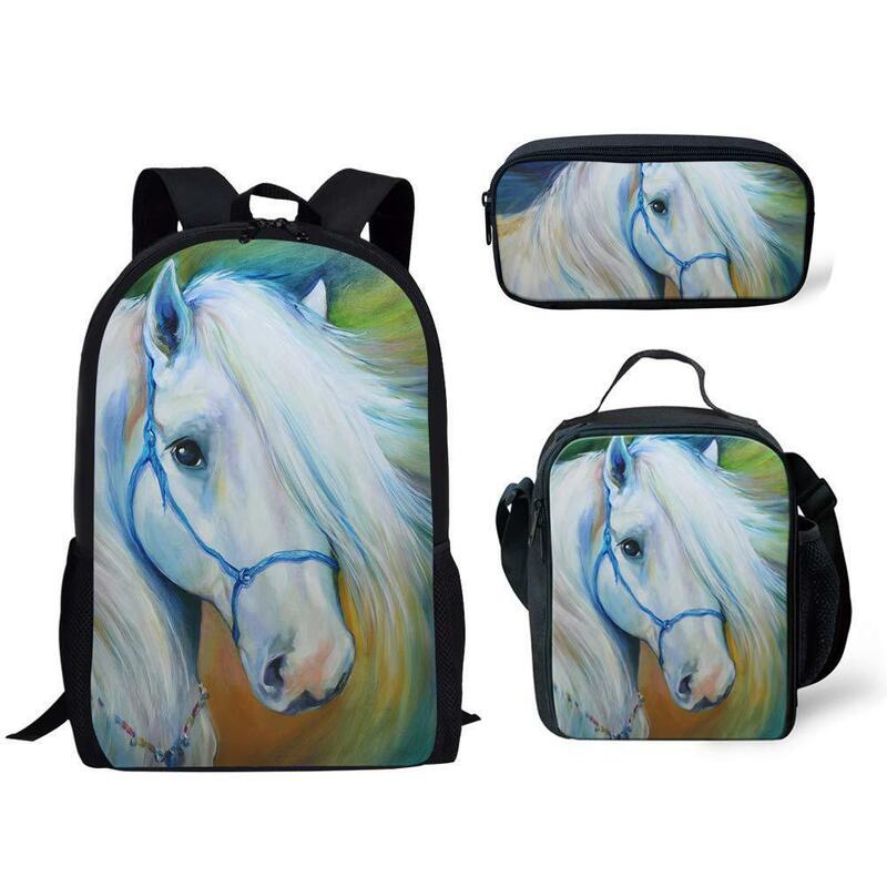 Popularny zabawny koń z łamanym kwiatem z nadrukiem 3D 3 sztuk/zestaw tornistry szkolne plecaki mała torba na laptopa plecak na Lunch piórnik
