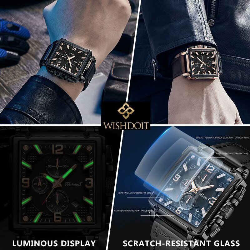 Wishdoit Origineel Horloge Voor Heren Waterdicht Roestvrij Staal Lederen Band Quartz Mode Sport Chronograaf Vierkante Polshorloges