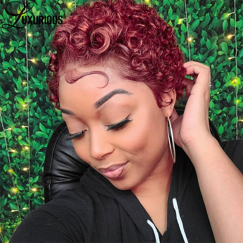 Short Curly Pixie Cut Lace Frontal Wig 13x1 Burgundy Pre Plucked Wig For Women Brazilian Human Hair Transparent Lace Front Wigs
