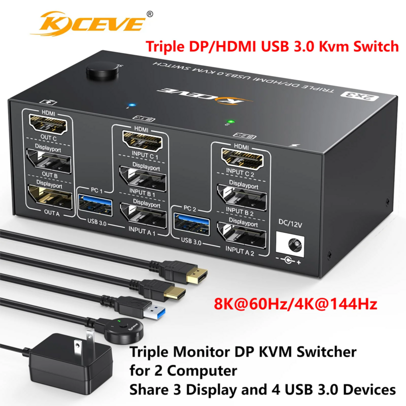 Kceve จอภาพ3จอ KVM สวิตช์2 DisplayPort HDMI USB 3.0 KVM Switch 8K @ 60Hz 4K @ 144Hz 3จอคอมพิวเตอร์2เครื่อง M พร้อม USB3.0