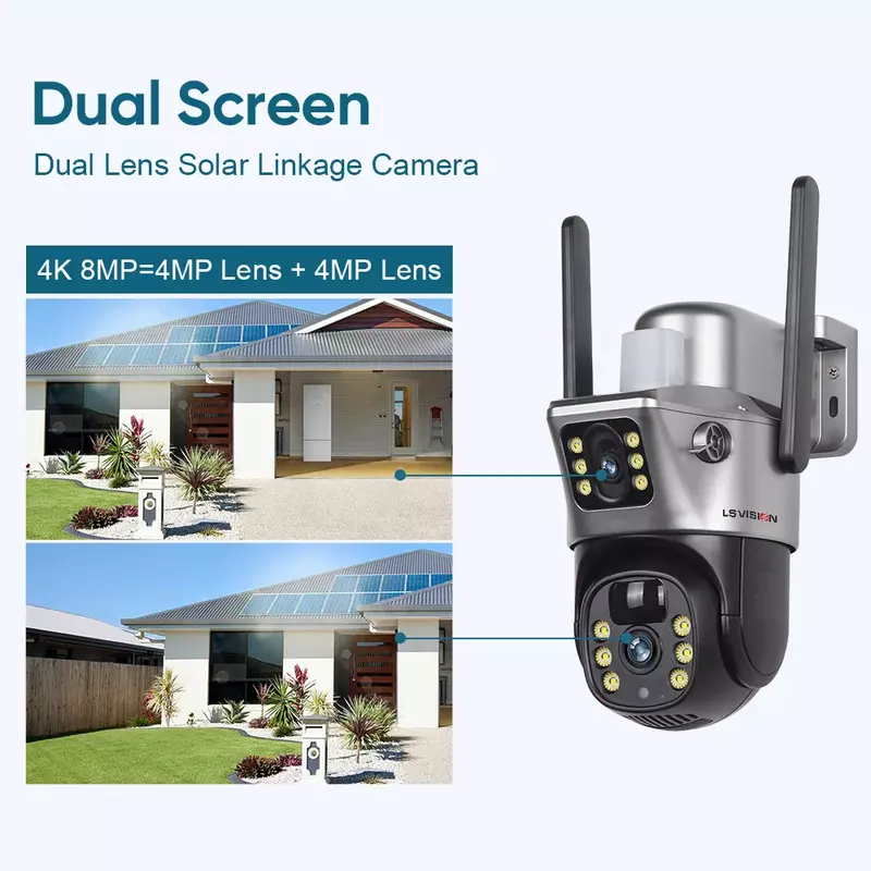 LS VISION kamera pengawas layar ganda 4K 8MP, kamera tenaga surya WiFi, baterai lensa ganda, CCTV deteksi gerakan, kamera pengawas pelacakan otomatis manusia
