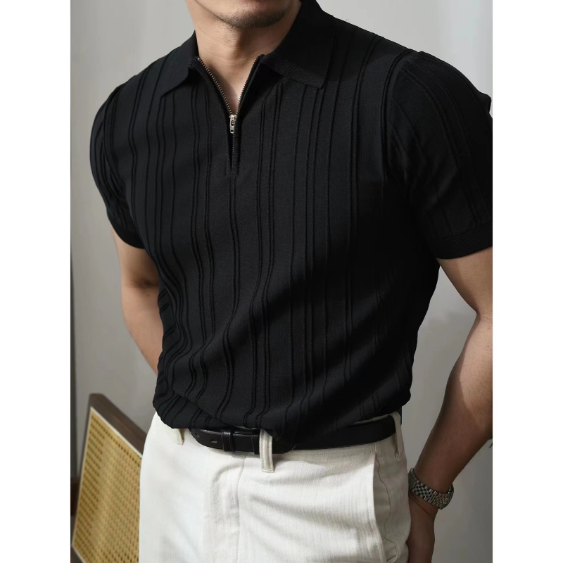 Letnia męska jednolity, na zamek dzianinowa koszulka Polo moda moda odzież męska klapy prosta wąska biznes Casual z krótkim rękawem