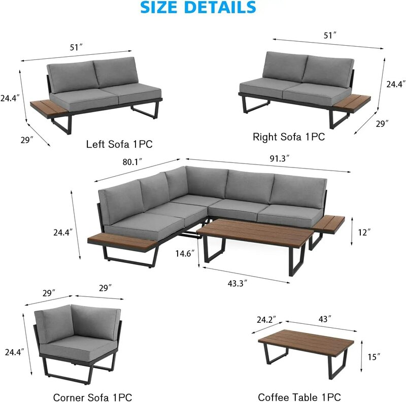 Sofá secional ao ar livre ajustado com coxim, grupo da conversação do metal em forma de L, mesa de café extra grande, 91 no × 91 dentro, 4 PCes