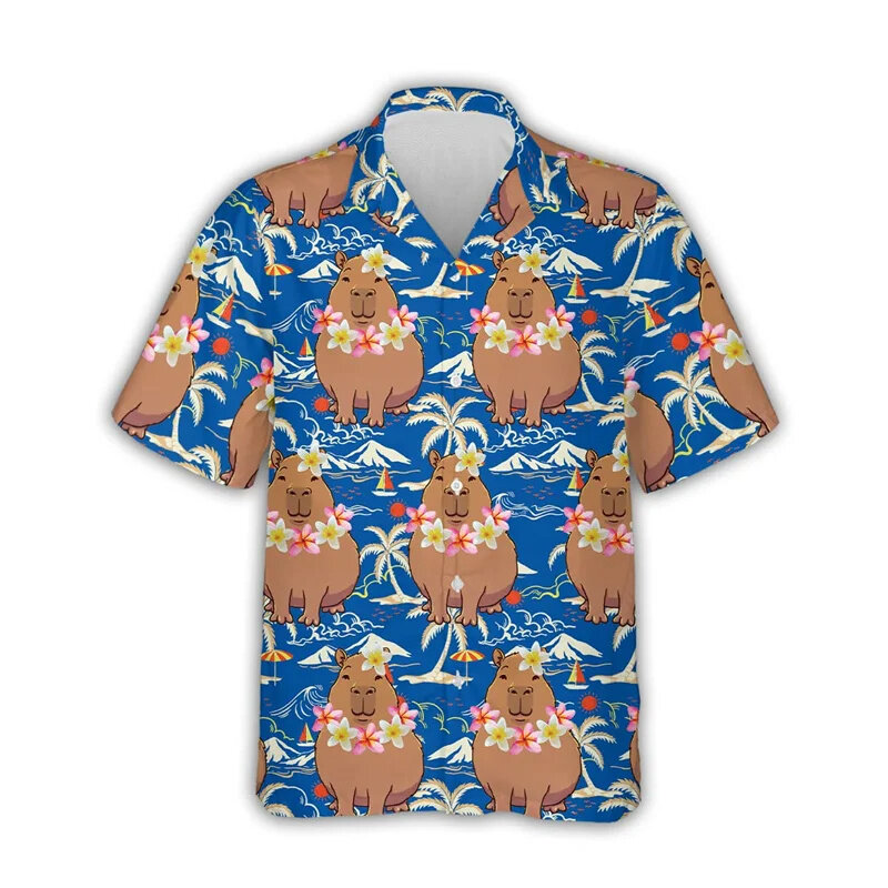 Hawaiian 3D Cute Animal Capybara Printing Shirts Summer  Hydrochoerus Graphic Short Sleeves Shirts Men Funny Clothing Shirts