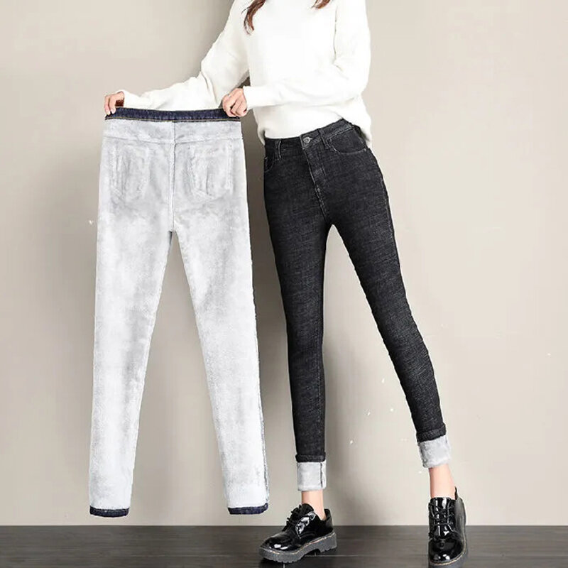 Thick Winter Velvet Pencil Jeans Korean Fashion Women Solid Skinny Denim Pants Oversized Fleece Lined High Waist Stretch Pants