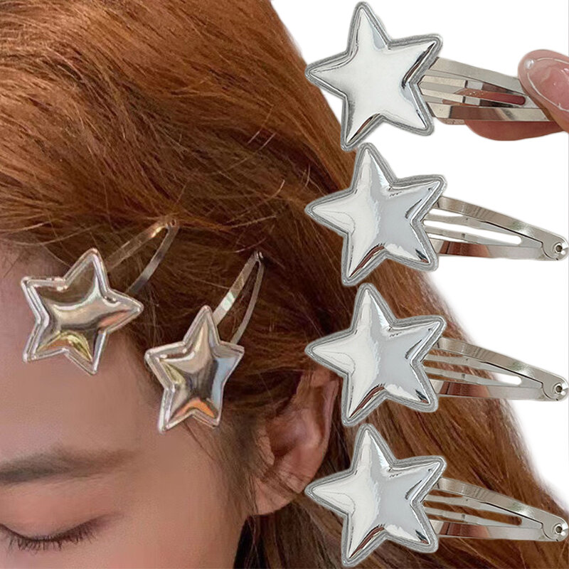 Металлические заколки-невидимки из искусственной кожи со звездами Y2K, серебристые заколки для волос BB, милые заколки, головные уборы, аксессуары для волос для девочек и женщин, новинка 2023