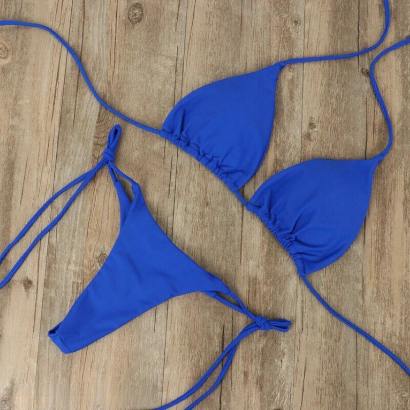 Set Bikini polos seksi musim panas baju renang Thong G-String samping dasi wanita pakaian renang Brasil Biquini
