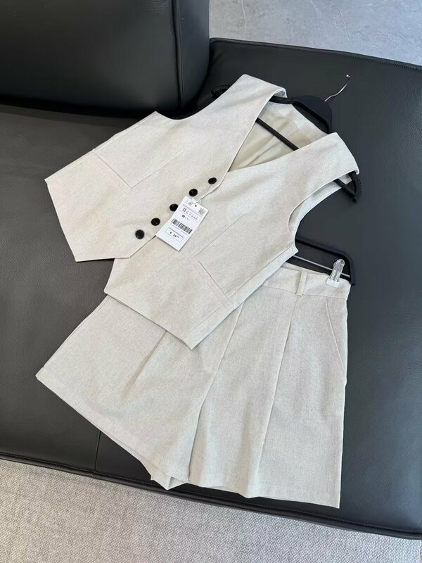 Women's New Fashion Casual Short Linen Blended V Neck Vest Retro Sleeveless Button up Women's Tank Top+Shorts Women's Suit