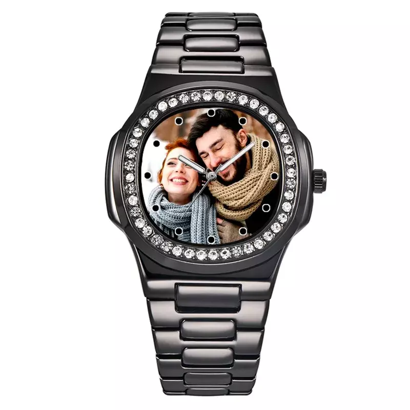 Jam tangan berlian imitasi warna hitam emas pria jam tangan foto kustom jam tangan logo desain kreatif jam tangan hadiah DIY untuk pria