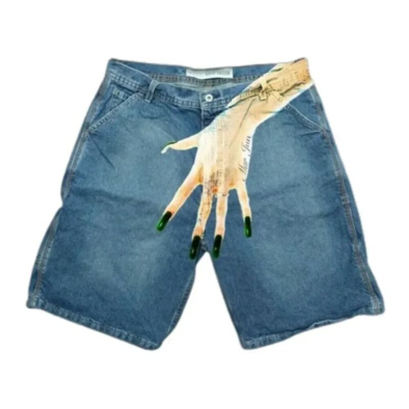Европейские и американские джинсовые шорты в стиле хип-хоп Y2K, синие свободные шорты с персонализированным принтом пальцев, баскетбольные шорты, уличная одежда
