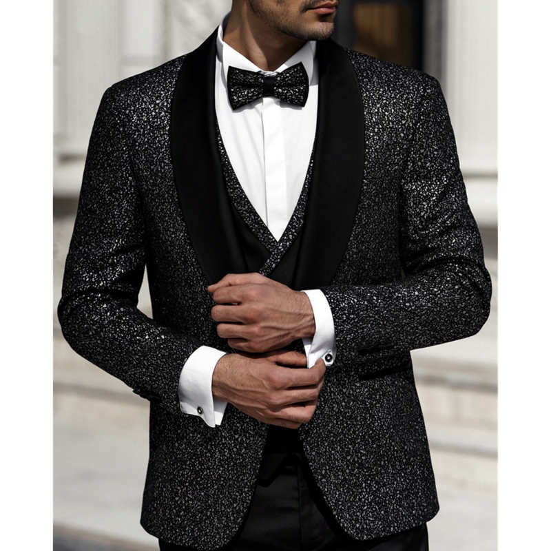반짝이는 스팽글 블랙 남성용 정장 재킷, 슬림핏 블레이저 조끼 바지, 웨딩 신랑 턱시도, 공연 무도회 파티 의상, 3 종 세트