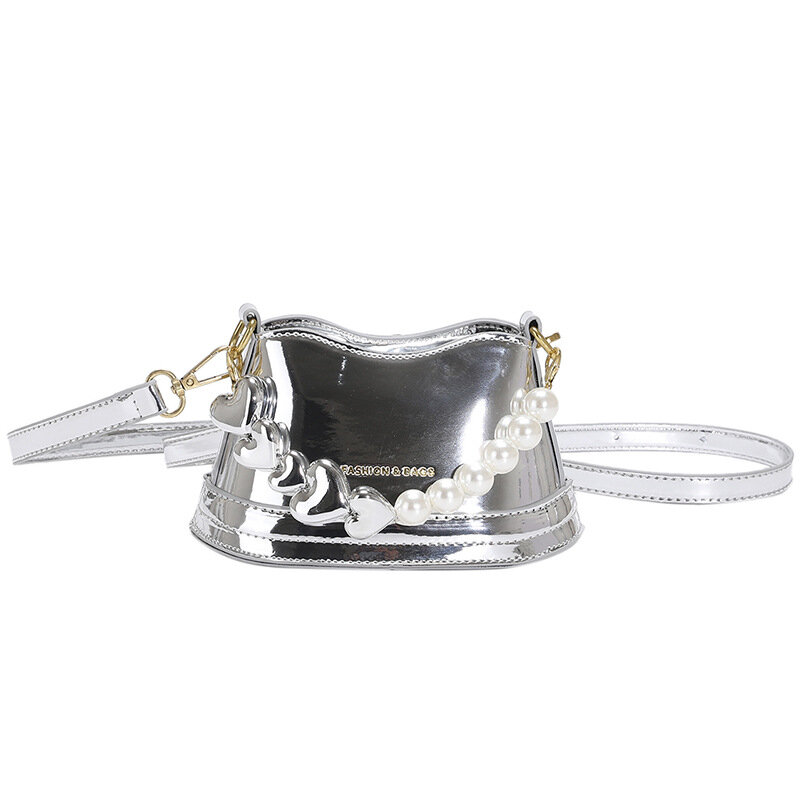 Mini bolso de charol con cadena de perlas, Bolso pequeño con diseño de lápiz labial, bolsa de mensajero para compras y fiestas