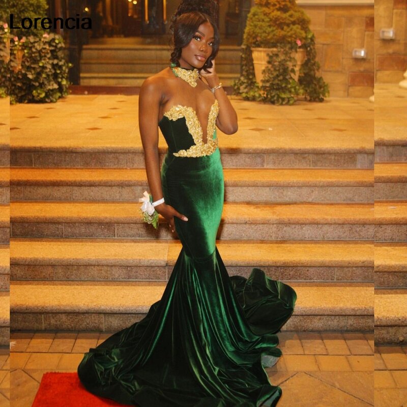 Gaun Prom putri duyung beludru hijau lorensia untuk Gadis hitam 2024 gaun pesta bermanik Kristal renda emas jubah gaun pesta wanita