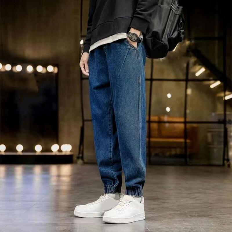 Elastic Waist Jeans Ankle-banded Jeans Loose Fit Men's Jeans with Elastic Waist Ankle Length Crotch Casual Trousers with Pockets