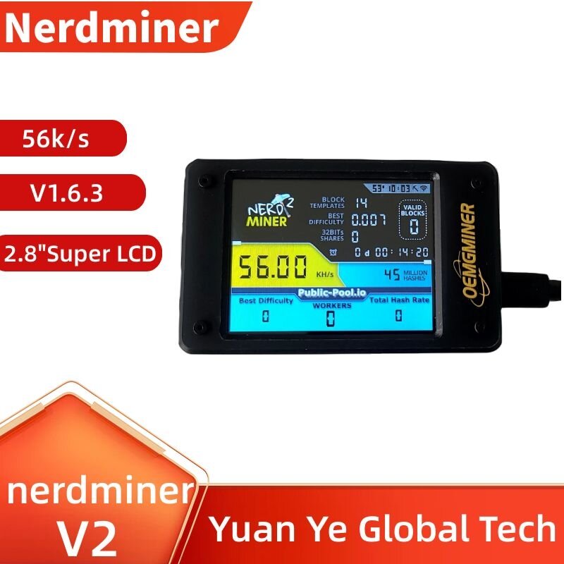 공식 Nerdminer V2 프로 비트코인 슈퍼 LCD 너드 마이너 BTC 복권 채굴기, 2.8 인치, 56KH/s V1.6.3 78k * 2 BTC 복권 채굴기