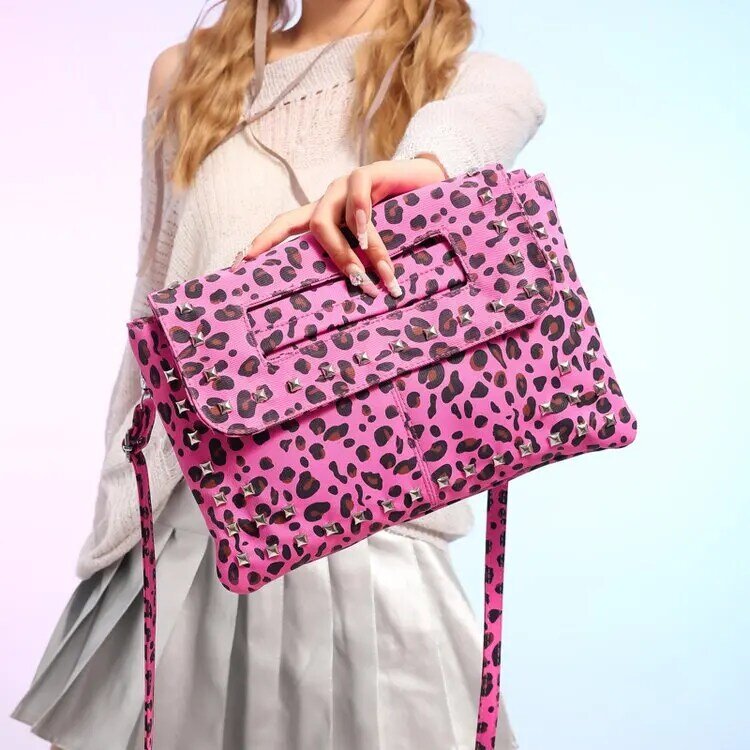 Vintage Rivet Leopard Clutch Bag for Women Y2K Lady Handbags Luxury Pu Leather Shoulder Crossbody Bag Retro Fashion Party Purses