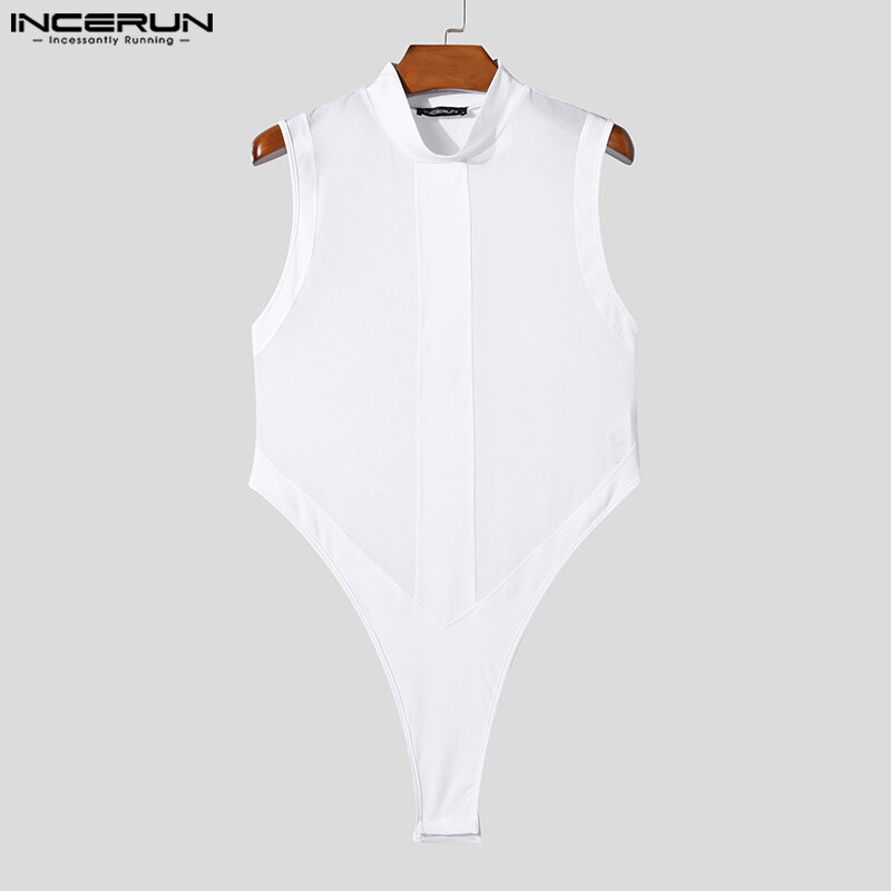 INCERUN 2023 Sexy Style New Mens Bodysuits Mesh Spliced Perspective Jumpsuits Fashionable Male Triangle Sleeveless Rompers S-5XL