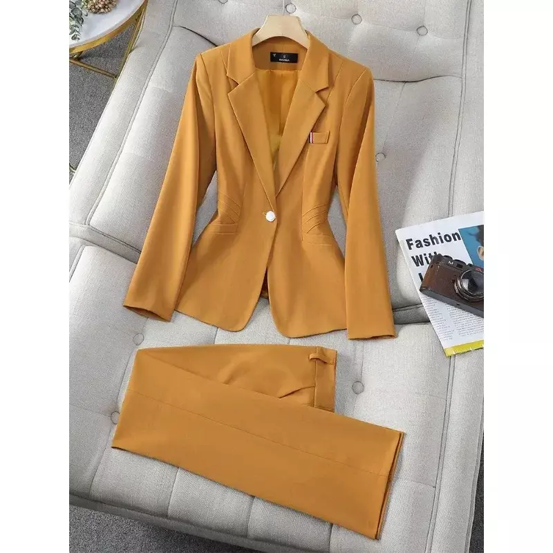 Jaqueta formal feminina e conjunto de calças, roupas femininas para negócios, calça para senhora do escritório, amarelo, preto, vermelho, 2 peças