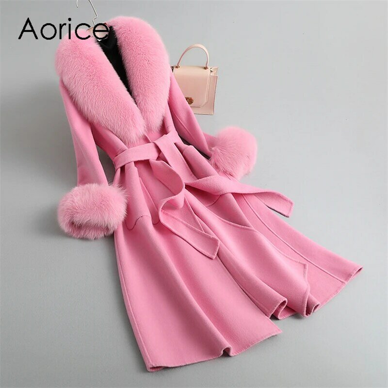 Aorice Women Luxury Winter Wool Fur Coat Jacket Femal Fox Fur Collar Coats Lady Long Over Size Parka Trench CT2133