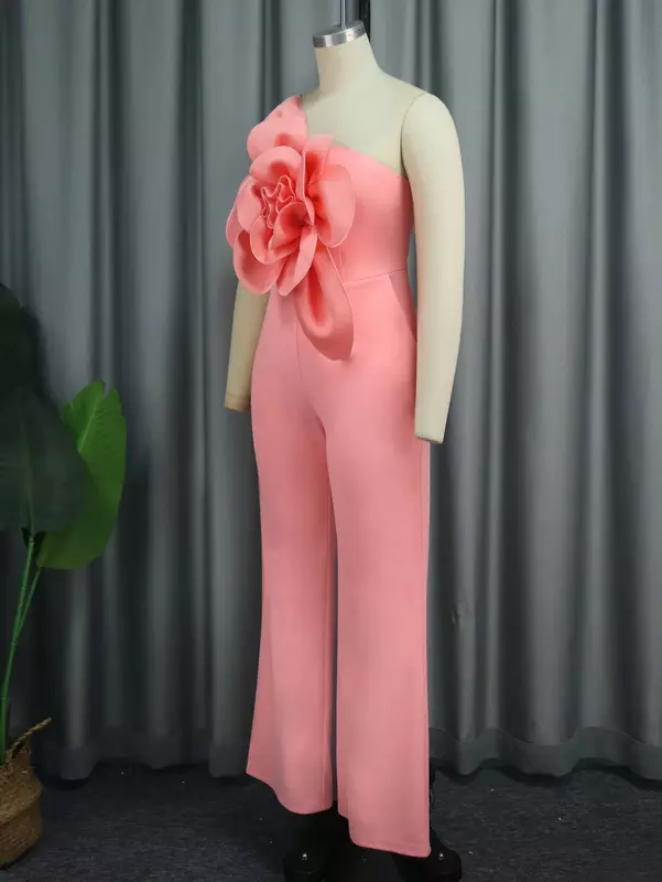 Baju kodok panjang wanita, Jumpsuit bunga besar satu bahu punggung terbuka pinggang tinggi kaki lebar lurus satu potong baju monyet ukuran besar gaun malam