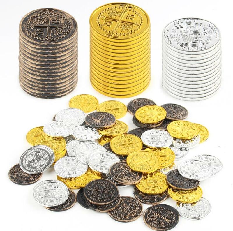 Capitão pirata partido plástico ouro tesouro baú moedas, moeda de ouro, presente brinquedo infantil