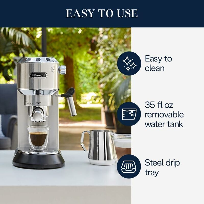 Macchina per caffè Espresso, macchina per caffè e cappuccino con montalatte, metallo/inossidabile, Design compatto 6 in larghezza, tazza adatta fino a 5 pollici