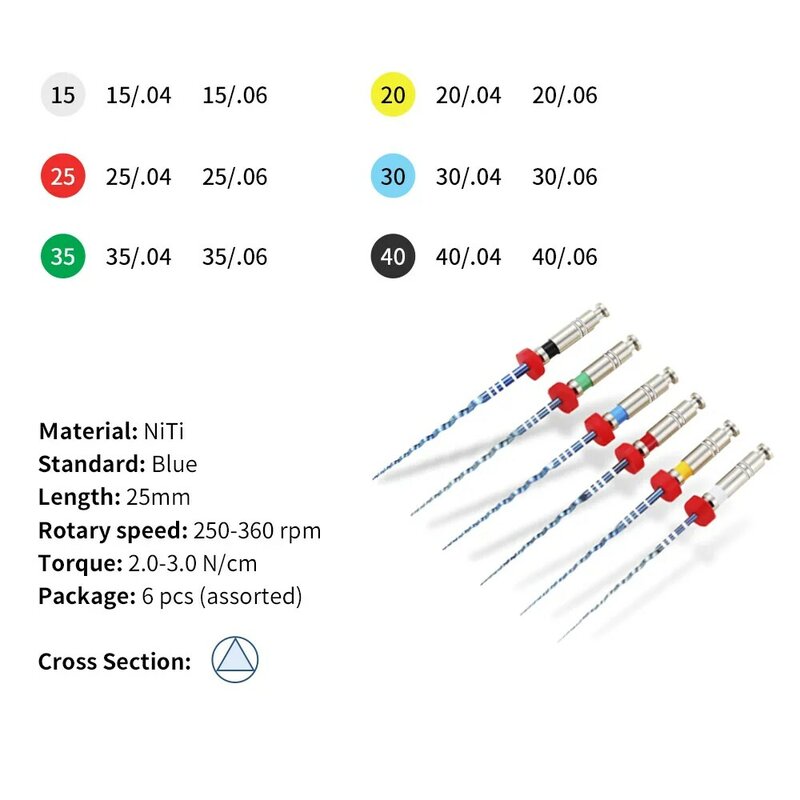 치과 근관 로터리 파일, 엔도 블루 엔진 사용 유형 NiTi 파일, 테이퍼 04/06 #15-#40, 21mm, 25mm, 6 개/세트