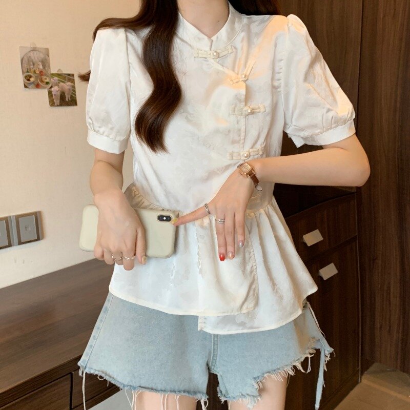 Miiiix-camisa de diseño único para mujer, Top de manga abullonada con botones en la cintura y cuello levantado, ropa china para verano, 2024