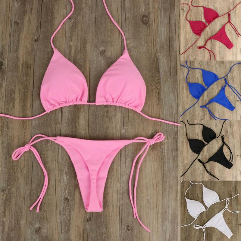 2 sztuk/zestaw stroje kąpielowe damskie Bikini zestaw 2023 jednolity kolor dekolt typu Halter smycz na szyje stringi kobiety kostium kąpielowy zestaw na plażę