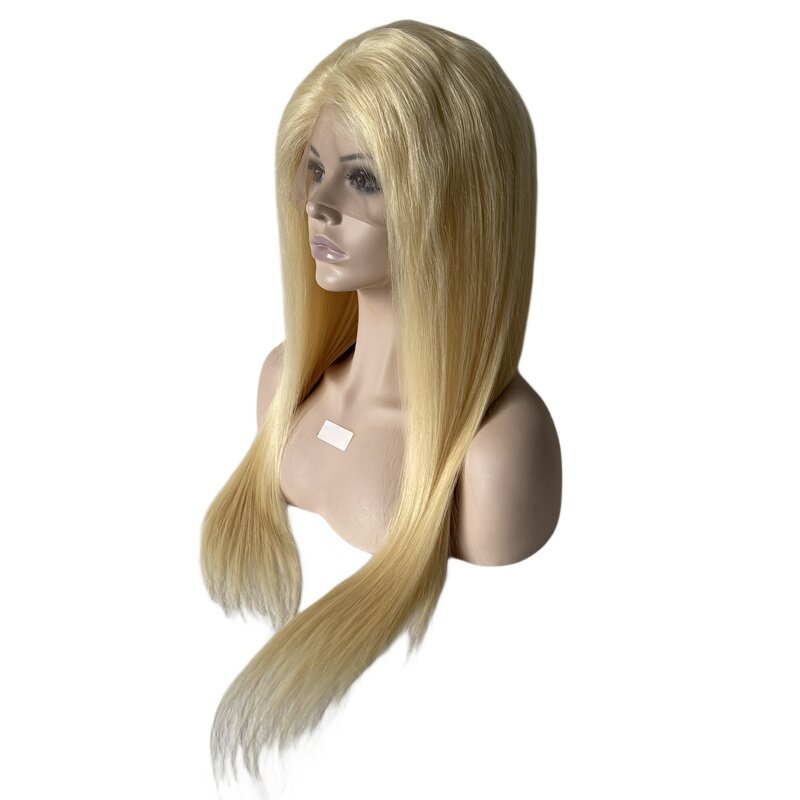 Cabello humano virgen brasileño para mujer blanca, Color rubio #613, 180% de densidad, liso y sedoso, 24 pulgadas de largo, peluca de encaje completo