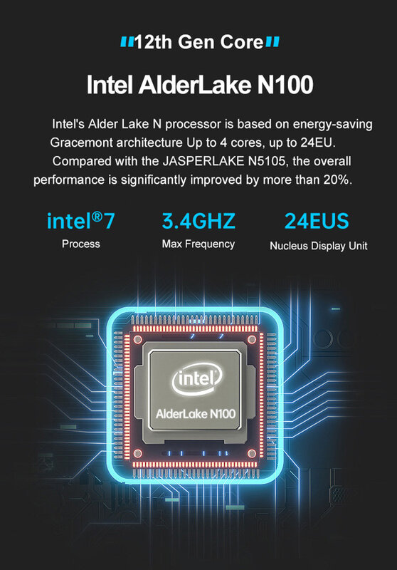 Mini PC Desktop Computer, Intel Alder Lake N100, Quad Core até 3.4GHz, DDR4, NVME, WiFi 6, 2 * HDMI 2.0, 4K @ 60Hz, 4 * USB 3.2, 12 ° Geração, 2023