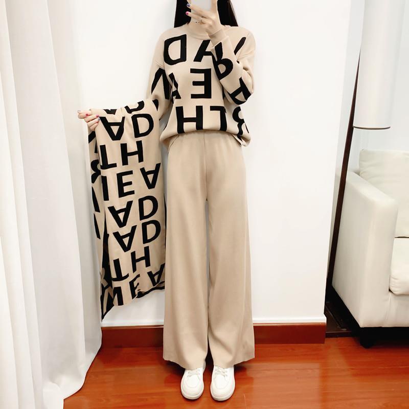 Winter Thick Knitted Two Pieces Set Women Warm Round Collar Pullover Sweater+Wide Leg Pants  Letter Print Sweater Suit T12