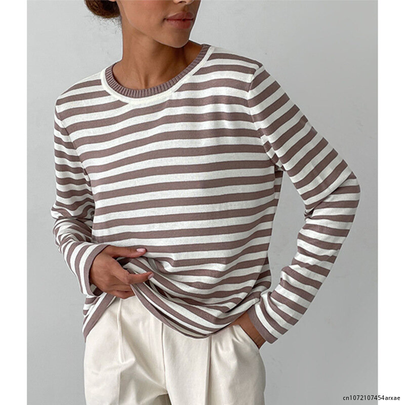 Knitted Stripe Sweater Women 2023 Autumn Winter Loose Casual Thick Pullovers Female Warm Long-sleeved Round Neck Tops